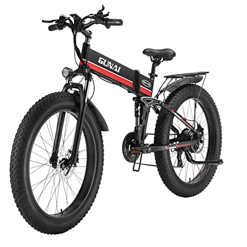 Bici elettriches : GAVARINE Bici Elettrica per Pneumatici Grassi, Mountain Bike a Sospensione Completa a Molla Pieghevole, con Batteria Al Litio Rimovibile da 48 V 12, 8 AH (Rosso)