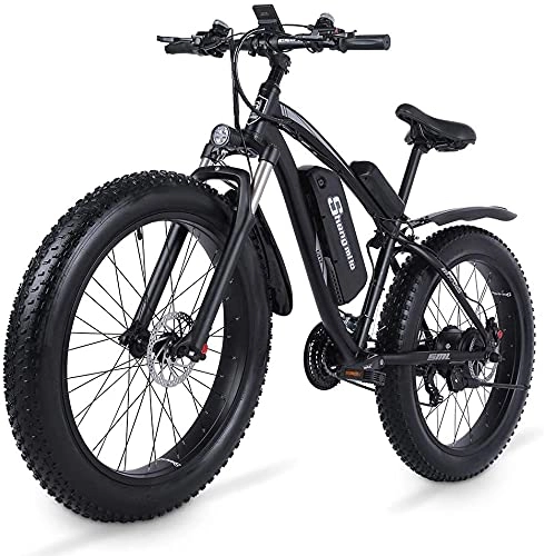 Bici elettriches : Haowahah MX02S - Bicicletta elettrica da 48 V 1000 W, motore da neve con Shimano a 21 velocità, con pedale per pneumatici di montagna, batteria al litio, freno a disco idraulico (nero, una batteria)