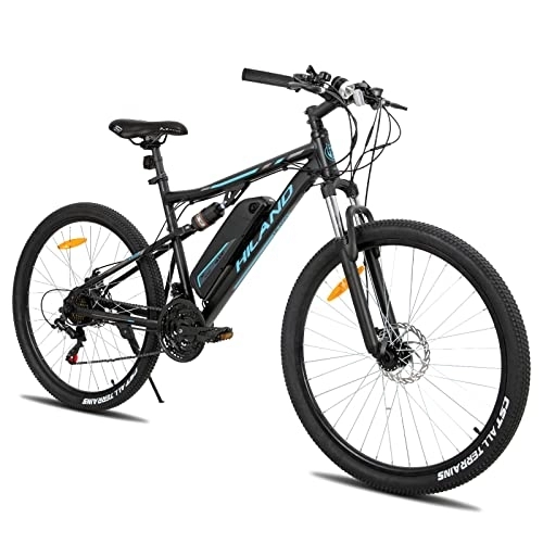 Bici elettriches : Hiland - Bicicletta elettrica da 27, 5 pollici, per uomo e donna, con sospensione completa, con motore da 250 Watt, 36 V, 10, 4 Ah, batteria al litio, 21 marce, sospensione completa, nero