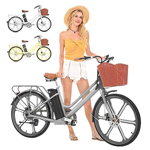 Bici elettriches : HLeoz Women Bicicletta Elettrica, 24" Bicicletta Elettrica da Città Rimovibile agli Ioni di Litio da 36 V / 16Ah Motore 250W con Cestino per Biciclette, Grigio