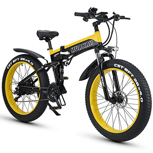 Bici elettriches : HUAKAI Bici Elettrica Pieghevole da 26", Mountain Bike Elettrico Fat Bike Ebike 1000w 48v 13ah (Giallo)