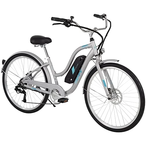 Bici elettriches : Huffy Everett Plus - Bicicletta elettrica da donna, 7 velocità, 7 velocità, telaio in alluminio argentato, pedalata ibrida, con freni a disco e luce