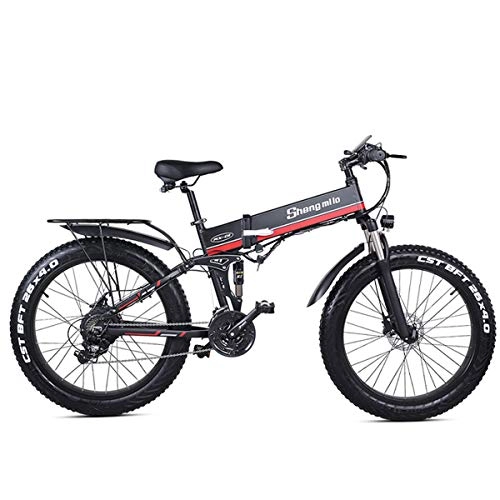 Bici elettriches : JARONOON MX01 Bicicletta elettrica Pieghevole a 26 Pollici, Motore Potente 48V 1000W, Mountain Bike, Bici grassa, Bici da Neve a pedalata assistita a 5 Livelli (Red, 500W 12.8Ah)