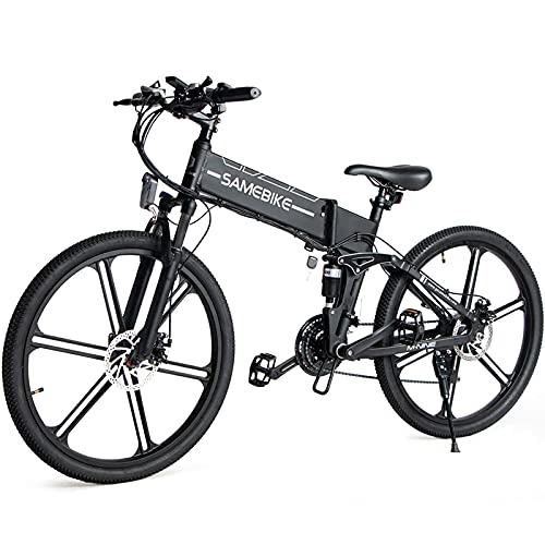 Bici elettriches : JINGJIN Bicicletta Pieghevole da Mountain Bike per Adulti 21 velocità Doppio Freno a Disco Sospensione Integrale Antiscivolo, misuratore Centrale LCD a Colori con USB, velocità 35 km / h, Black