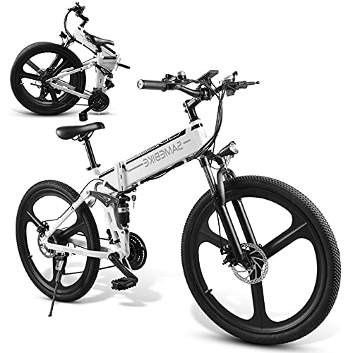 Bici elettriches : JINGJIN Contatore Centrale Pieghevole e-Bike I LCD con Batteria al Litio USB + 48V10AH + motoriduttore brushless ad Alta velocità, carico utile 150 kg, White-B