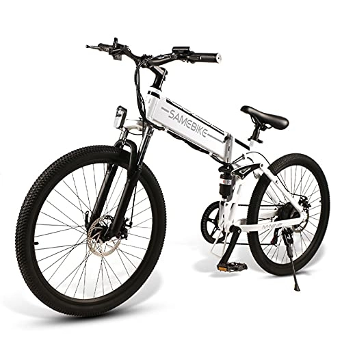 Bici elettriches : JINGJIN E-Bike 26" Pieghevole I con contamedi LCD con USB + motoriduttore brushless ad Alta velocità + Batteria al Litio 48V10AH I 35 km / h a Piena velocità, White-A