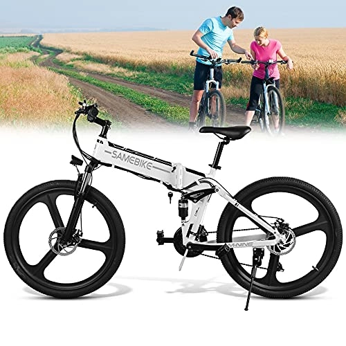 Bici elettriches : JINGJIN Mountain Bike elettrica Pieghevole, Mountain Bike elettrica 26 Pollici per Adulti 48V 10AH, Bici elettriche Uomo Donna I Shimano 21 velocità I LCD contatore Medio con USB, White-B