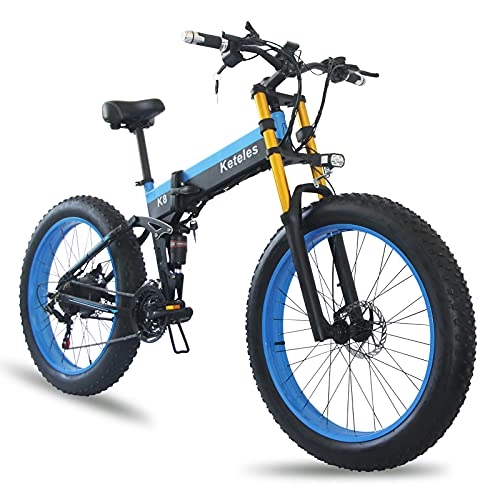 Bici elettriches : JMCVILOF Bicicletta Elettrica da 1000 W, Mountain Bike con Batteria al Litio 48V13Ah, Ammortizzatore Anteriore E Posteriore, Pieghevole, Pneumatico Antiscivolo 4.0, Display LCD, Blue
