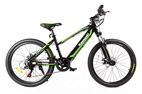 Bici elettriches : Kawasaki Bicicletta elettrica per bambini, 24 pollici, verde / nero, XS