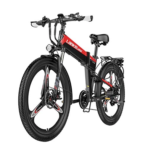 Bici elettriches : L-LIPENG 26 Pollici Bici Elettrica Piegante di Montagna, Motore 48 V 400 W e Cambio a 21 Marce, Snow e-Bike, Biciclette Elettriche Fuoristrada per Uomini e Donnelega di Alluminio, Rosso, 12.8ah 75km