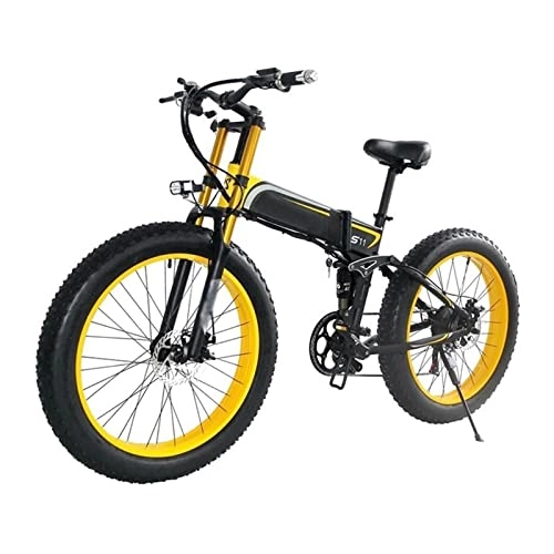 Bici elettriches : LIU Bici elettrica per Adulti 1000W Bicicletta elettrica da Montagna Pieghevole 48V 26 Pollici Fat Ebike Pieghevole a 21 velocità Moto (Colore : Giallo)