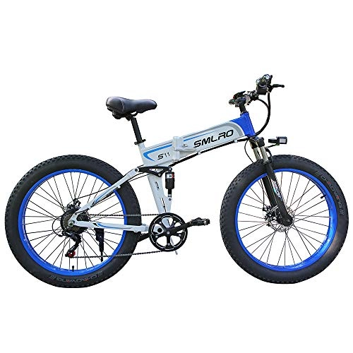 Bici elettriches : LOSA Pieghevole elettrica Bicicletta Mountain Bike, 48V 10Ah 350W Motore / Ruota 26 LCD Intelligente Una Chiave di Controllo Automatico, White Blue