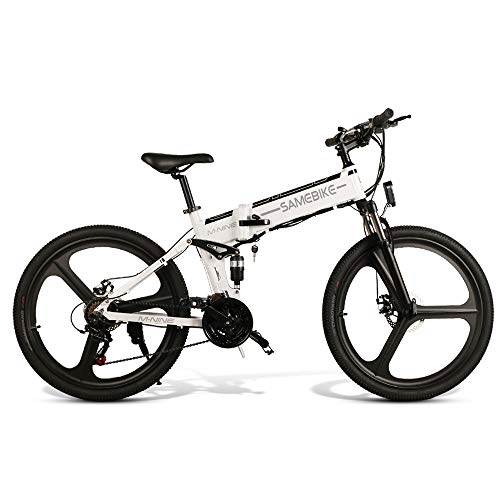 Bici elettriches : Mikonca - Bicicletta elettrica pieghevole da 26 pollici, 10, 4 Ah, 350 W, sistema di sospensione completa a 4 bar, Shimano 21 velocità, 499 WH, distanza massima 80 km (bianco)