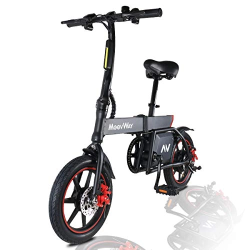 Bici elettriches : MoovWay Bicicletta Elettrica Pieghevole con Pedali, Sedile Regolabile, Compatta Portatile, velocità Massima 25km / h, Autonomia 20km, Pneumatici 14 Pollici, modalità Crociera (Nero)