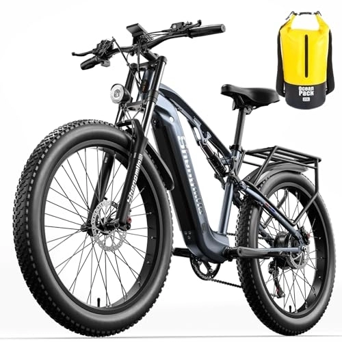 Bici elettriches : Mountain bike elettrica per adulti da 26", motore BAFANG a sospensione completa 48V17.5AH batteria rimovibile a lungo raggio, ebike con sedile e pedali