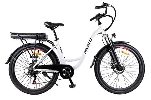 Bici elettriches : Myatu 26" E City Bike da donna con motore posteriore, batteria da 12, 5 Ah a 6 marce, Shimano, 250 W (bianco)