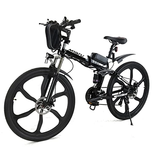 Bici elettriches : Myatu Bici Elettrica Pieghevole 26", Bicicletta Elettrica con Batteria Rimovibile 36V 10, 4Ah, Motore 250W, Cambio Shimano a 21 Velocita, Display LED, Nera