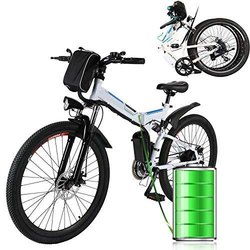 Bici elettriches : Profun Bici Elettriche Mountain Bike 26 Pollici, Bicicletta da Montagna 36 V / 250 W, Sistema di Trasmissione Elettrica 21 velocità, Sospensione Completa e Cambio Shimano (Nero - Pieghevole)