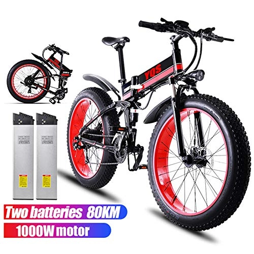 Bici elettriches : Qnlly Bicicletta elettrica 1000W 80 KM 4.0 Fat Tire Snow Mountain Bike Ebike Bicicletta elettrica Ebike 48V Bicicletta elettrica (2 batterie), Rosso
