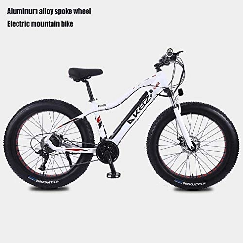 Bici elettriches : QZ Adulti Fat Tire elettrica Mountain Bike, 27 velocit Neve Biciclette, Portatile 10Ah Li-Battery Beach Cruiser Biciclette, Telaio Leggero in Lega di Alluminio, 26 Pollici Ruote (Color : White)