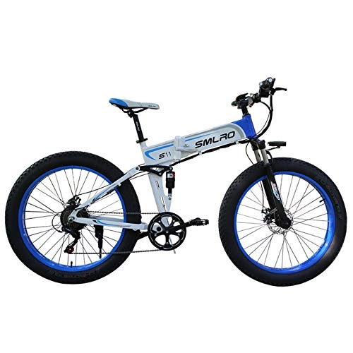Bici elettriches : SAWOO Mountain Bike Elettrica 26 Pollici Pieghevole Ebike 1000w Fat Tire E-bike, 48v 15ah Batteria Rimovibile Bicicletta Elettrica Da Neve 21 Velocità (blu)