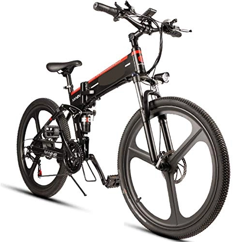 Bici elettriches : SBR Mountain Bike Pieghevole per Mountain Bike elettrica 48V 10AH per Adulti e Mountain Bike elettrica a 21 velocità Fuoristrada (Cerchio in Lega di magnesio, 350W) (Nero)