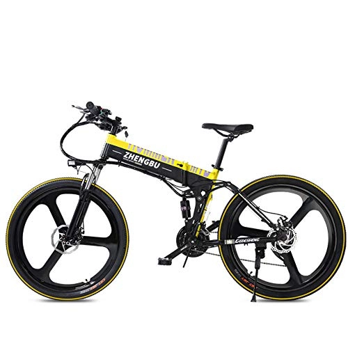 Bici elettriches : SportArts Bicicletta da Montagna Pieghevole Elettrica con Pneumatico di Riparazione Automatico E Cambio A 27 velocità Li-Batteria Estraibile da 48V, Yellow-48V10AH