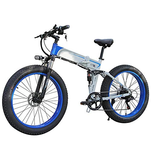 Bici elettriches : TANCEQI Mountain Bike Pieghevole per Bici Elettrica, Bici Grassa Elettrica 48V10AH 350W Motore Pneumatici 26" Ebike Bici 7 velocità Mountain Bike Pieghevole A Doppia Sospensione Display LCD, Blu