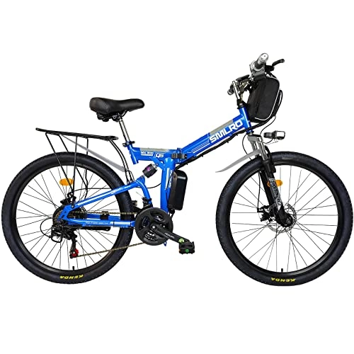 Bici elettriches : TAOCI Bicicletta elettrica pieghevole da uomo / donna, 26", ruote da 48 V, Urban E-Bike Trekking MTB, design impermeabile IP54, per adulti, viaggi quotidiani (blu)