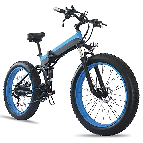 Bici elettriches : TGHY Bici Elettrica Pieghevole per Adulti Pneumatico Grasso 26" Mountain Bicicletta Elettrica 45km / h Motore Brushless 500W 21 velocità Batteria al Litio Rimovibile Bici Elettrica da Neve, Blu