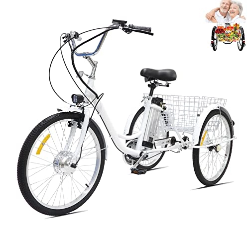 Bici elettriches : Tricicli elettrici per adulti a 3 ruote bici elettrica con ruota da 24 pollici per donna Low Step-Through Cruise Trike con batteria al litio rimovibile da 36 V 12 AH, cesto di carico (24 '', bianco)
