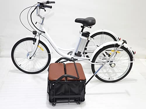 Bici elettriches : Triciclo elettrico per adulti da 24 pollici con sedile 36V12AH Cesto triciclo per anziani ibrido a 3 ruote con ruote e asta di spinta Regalo per i genitori per viaggiare(white 36v12ah)