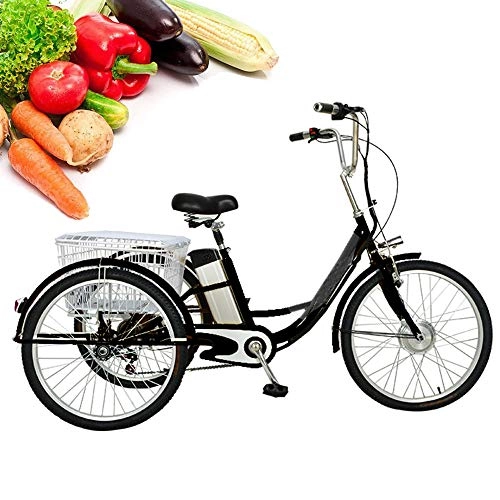 Bici elettriches : Triciclo per Adulti A 3 Ruote con Batteria al Litio da 24 Pollici, Trike per Bicicletta Elettrica con Luce LED 12ah Viaggio 30 Km, Regalo della Nonna E del Nonno, Black