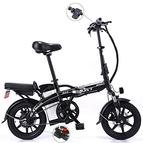 Bici elettriches : TTW Pieghevole Bicicletta elettrica 14 Pollici Adulti Doppio Disco Freni City Commuter Bike 250W 48V Rimovibile Batteria al Litio E-Bike con velocità Massima 25km / h, Nero, 12A