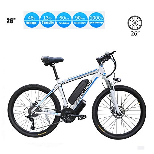 Bici elettriches : UNOIF Elettrica Bici elettrica Mountain Bike, Electric City Ebike Bicicletta con 350W Brushless Motore Posteriore 26" per Gli Adulti, 48V / 13Ah Batteria al Litio Rimovibile, White Blue