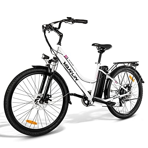 Bici elettriches : VARUN Bicicletta elettrica da uomo e da donna, 26 pollici, Shimano a 7 marce, con motore da 250 W, 36 V, 10, 4 Ah（360WH）, batteria agli ioni di litio per adulti (Nero) (bianco)