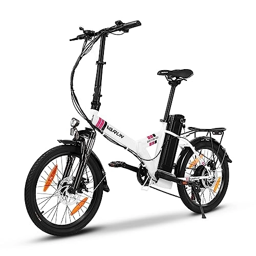 Bici elettriches : VARUN Bicicletta Elettrica Pieghevole con 250W Motore, 36V 10.4Ah Batteria, Bici Elettrica da Città per Donne e Uomini, Cambio Shimano 7 Velocità ，Approvazione CE （Bianco）