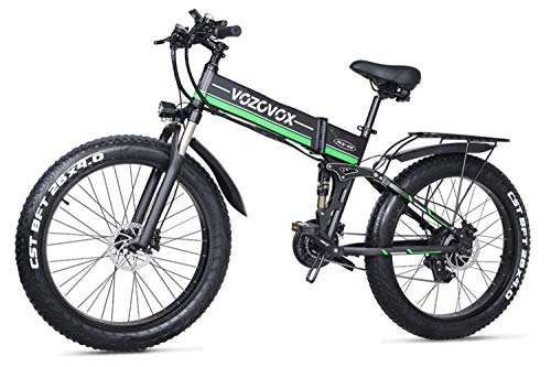Bici elettriches : VOZCVOX 26 Pollici Bici elettrica 1000W 48V Bici Montagna, Shimano 21velocità, Full Suspension, velocità 40km / h, Mileage 50-60km, con Sedile Posteriore