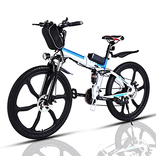 Bici elettriches : WIND SPEED Uomini Bicicletta Elettrica Pieghevole, Mountain Bike con 26"Ruote, 250W Motore，Rimovibile 36V / 8Ah Batteria, Cambio a 21 Velocità, (Bianco)