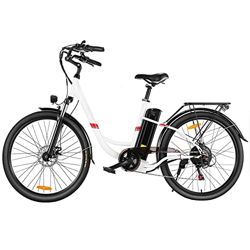 Bici elettriches : Winice Bici elettrica 26", bici da città per adulti, e-bike uomo / donna batteria 500W / 36V 8Ah rimovibile, bici elettrica cruiser Shimano 7 velocità, gamma 50KM, 3 modalità, 25KPH (Blanc)