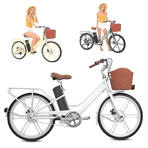 Bici elettriches : Women Bicicletta Elettrica da Città, 24" E-Bike Rimovibile agli Ioni di Litio da 36 V / 10Ah Motore 250W con Cestino per Biciclette, Bianca