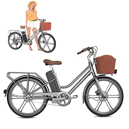 Bici elettriches : Women Bicicletta Elettrica da Città, 24" E-Bike Rimovibile agli Ioni di Litio da 36 V / 10Ah Motore 250W con Cestino per Biciclette, Grigio