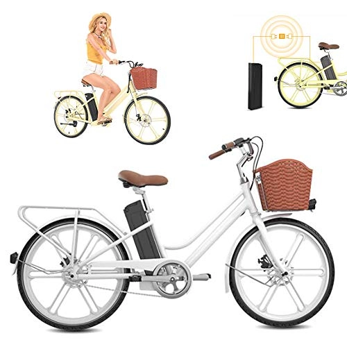 Bici elettriches : Women E-Bike, Bicicletta Elettrica da Città 24" Gomma Piena con Batteria al Litio 36V 16Ah Motore 250W, Bianca