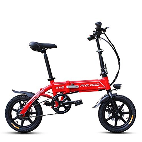 Bici elettriches : Wu's Bicicletta Elettrica Pieghevole da 14 Pollici, Batteria agli Ioni di Litio, Freni A Disco Anteriori E Posteriori, Display LCD, 30 Km / H, Ruota Monopezzo, Faro Anteriore, Red