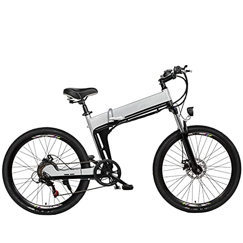 Bici elettriches : WXDP Mountain Bike elettrica semovente per adulti, telaio in lega di alluminio, 26 pollici pieghevole City E-Bike doppio freno a disco 7 velocità 48 V batteria rimovibile, argento, A 10AH