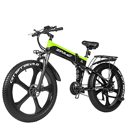 Bici elettriches : WZW MX3 1000W Pieghevole Bicicletta Elettrica per Adulti 48V17Ah 4.0 Grasso Pneumatico Montagna Ebike Kit Insieme a USB 21 velocità Ingranaggi Uomini Donne Elettrico Bicicletta (Colore : Verde)