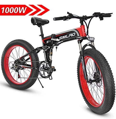 Bici elettriches : XXCY 1000W ebike Fat Tire Bici elettrica Pieghevole Mountain Bike 26 'Full Suspension 48V13AH 21 Pedali Assist (Red)