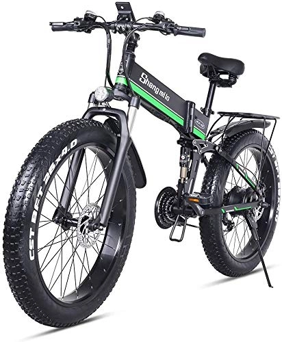 Bici elettriches : XXCY 1000W ebike Fat Tire Bici elettrica Pieghevole Mountain Bike 26 'Full Suspension 48V13AH 21 Pedali Assist (verde-1000W)