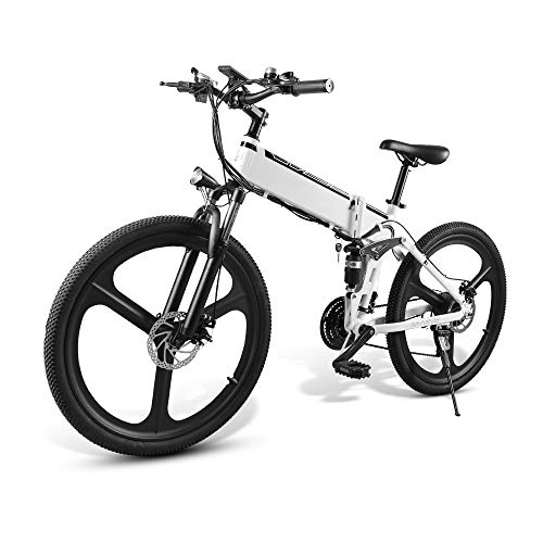 Bici elettriches : Ydshyth Mountain Bike da 26 Pollici, 350 W 48 V, con Ruota Integrata in Lega di Magnesio Super, Sospensione Completa Premium E Cambio A 21 velocità, Bianca