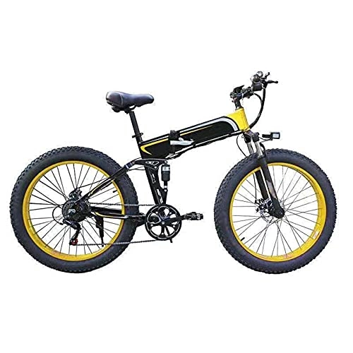 Bici elettriches : YIZHIYA Bicicletta Elettrica, 26" E-Bike da Montagna Pieghevole per Adulti, Ebike con Pneumatici Grassi a 7 velocità, Motore da 48V 10Ah 350W, Freni a Disco Anteriori e Posteriori, Black Yellow